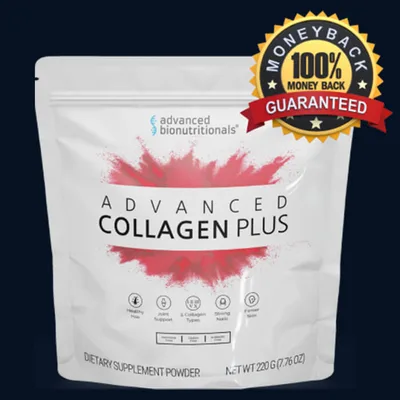 Advanced Collagen Plus pouch with a 100% money back guaranteed badge