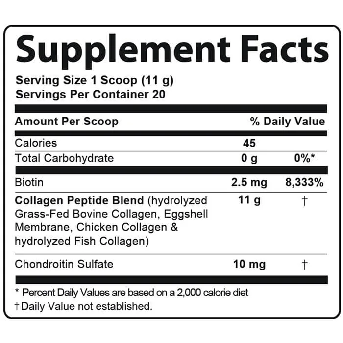 Advanced Collagen Plus Supplement Facts panel listing biotin, the 11 g Collagen Peptide Blend and chondroitin sulfate per 11 g scoop
