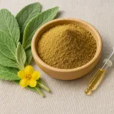 Mullein leaves and mullein leaf powder in a wooden bowl