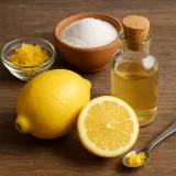 Fresh lemons and organic lemon extract on a wooden table