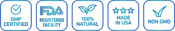 Badges: GMP Certified, FDA Registered Facility, 100% Natural, Made in USA, Non-GMO