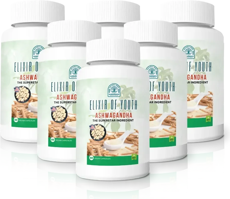 Six bottles of Elixir of Youth ashwagandha capsules