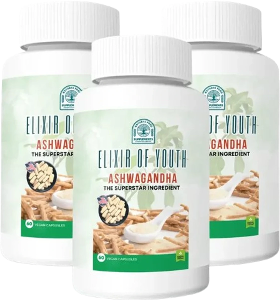 Three bottles of Elixir of Youth ashwagandha capsules