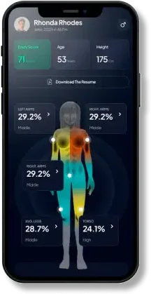 Hume Health app screen showing segmental body fat percentages for the arms, legs and trunk
