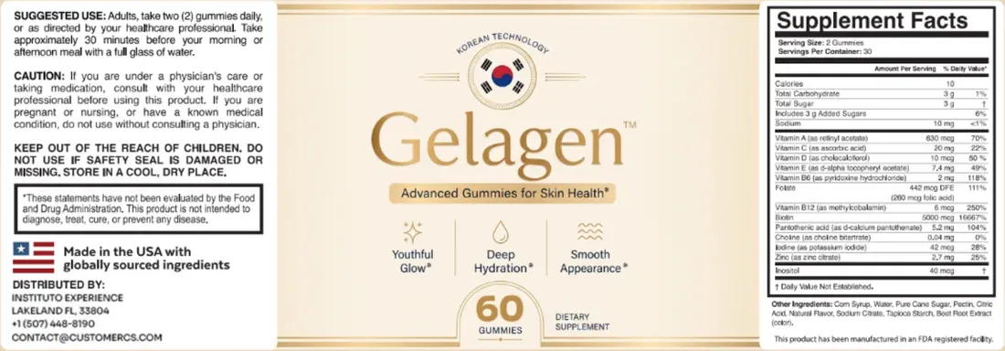 Gelagen label with the suggested use on the left and the Supplement Facts panel on the right, listing 13 vitamins and minerals per serving of two gummies