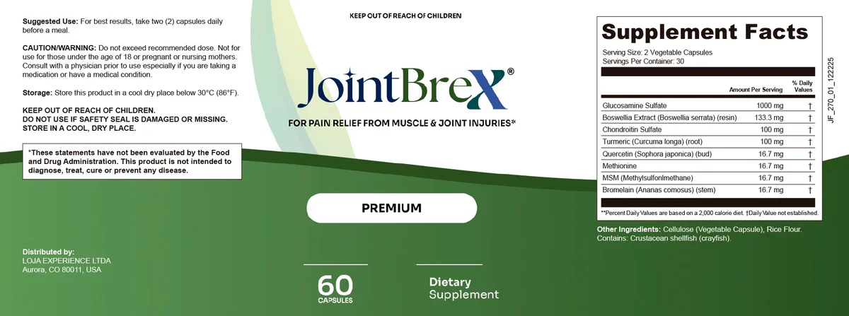 JointBrex Supplement Facts label listing glucosamine sulfate 1000 mg, boswellia 133.3 mg, chondroitin 100 mg, turmeric 100 mg and four ingredients at 16.7 mg