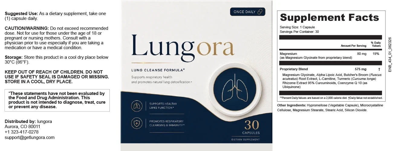 Full Lungora bottle label with suggested use, warnings and the Supplement Facts panel listing magnesium 80 mg and a 575 mg proprietary blend