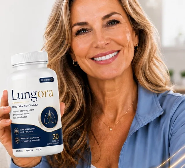 Smiling woman in her fifties holding up a bottle of Lungora capsules