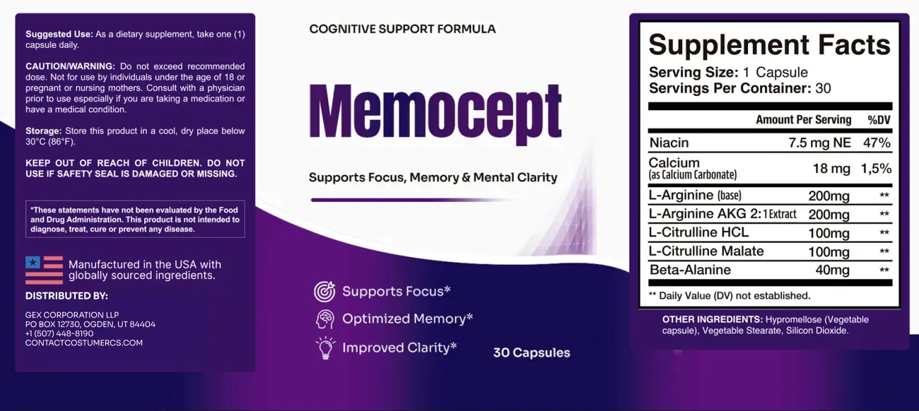 Full Memocept bottle label with suggested use, warnings and the Supplement Facts panel listing niacin, calcium, L-arginine, L-arginine AKG, L-citrulline HCl, L-citrulline malate and beta-alanine
