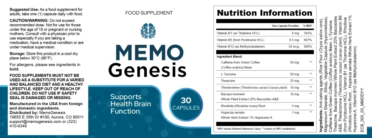 Full MemoGenesis supplement label with suggested use, warnings, distributor details and ingredient list