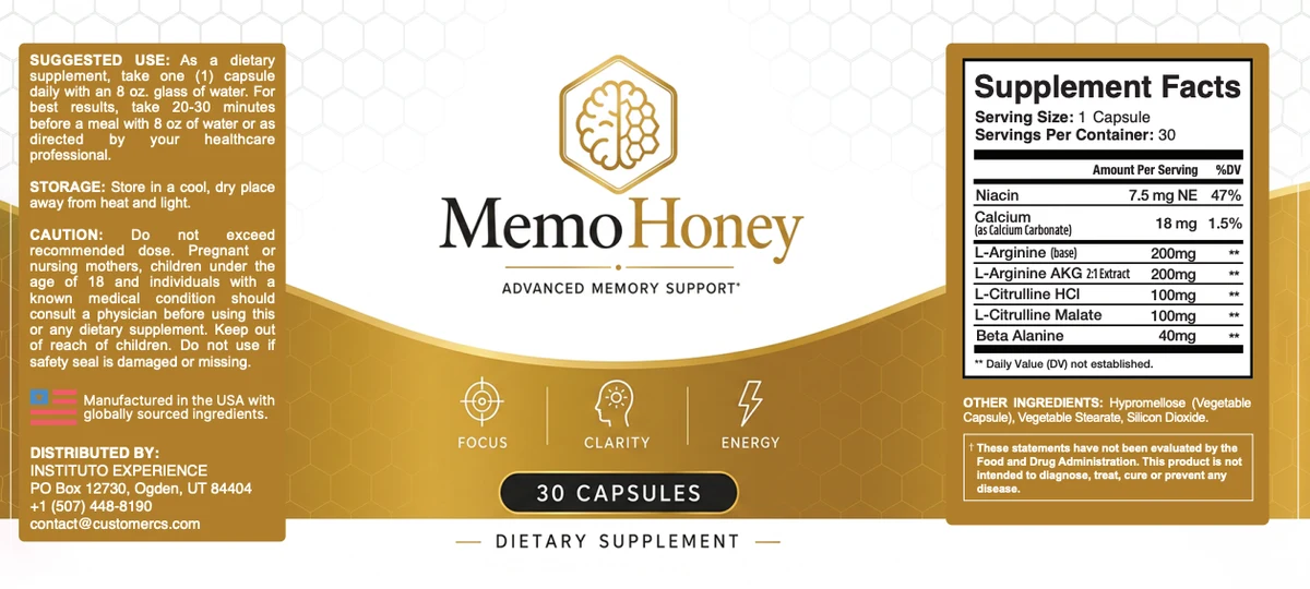 MemoHoney Supplement Facts label listing niacin 7.5 mg NE, calcium 18 mg, L-arginine 200 mg, L-arginine AKG 200 mg, L-citrulline HCl 100 mg, L-citrulline malate 100 mg and beta-alanine 40 mg