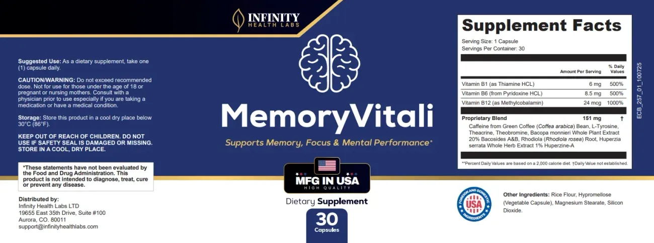 Full MemoryVitali bottle label with suggested use, cautions and the Supplement Facts panel listing vitamins B1, B6 and B12 and a 151 mg proprietary blend