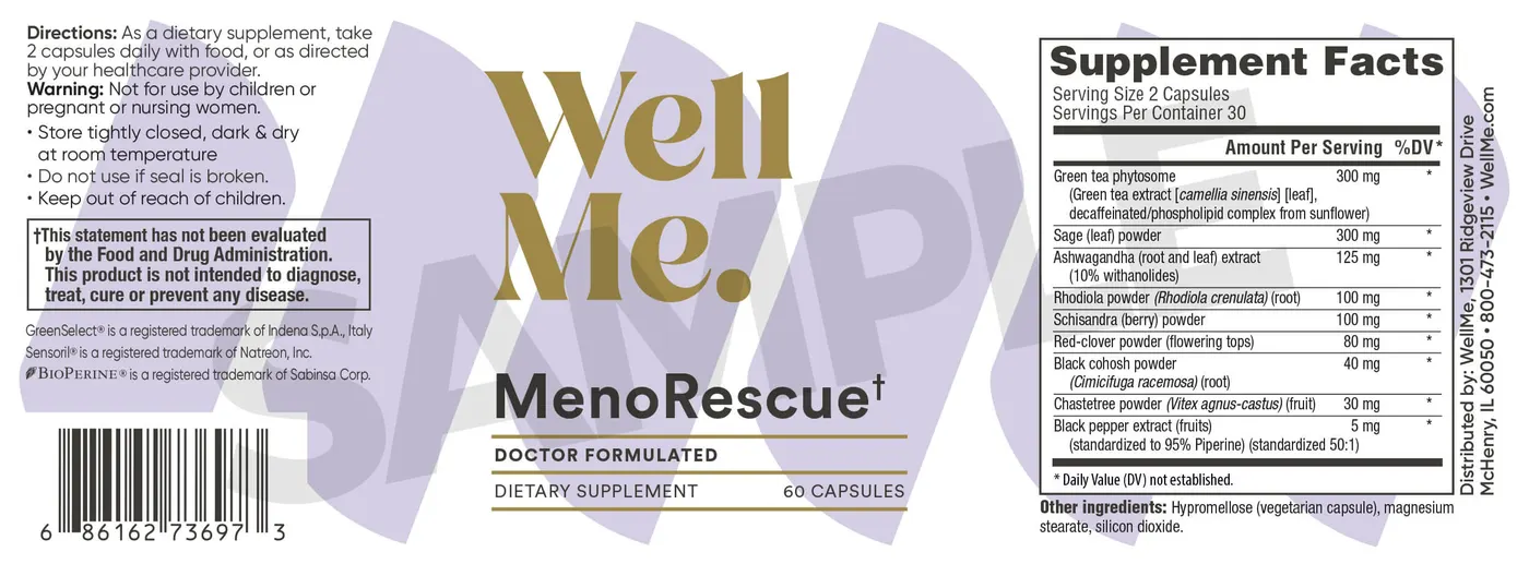 MenoRescue supplement facts label showing all ingredients and directions