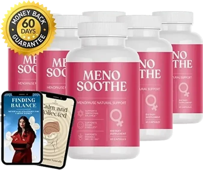 MenoSoothe multi-bottle pack with 60-day guarantee seal and bonus ebooks