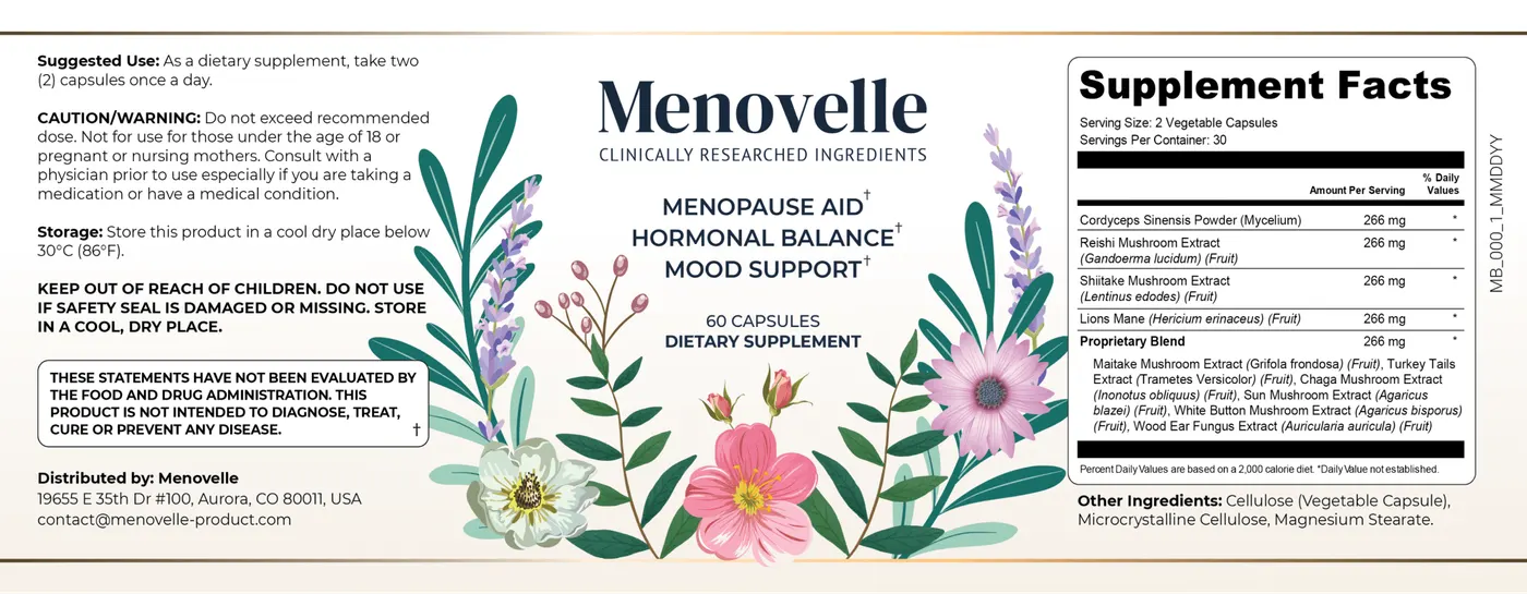 Menovelle supplement facts label showing all ingredients and suggested use