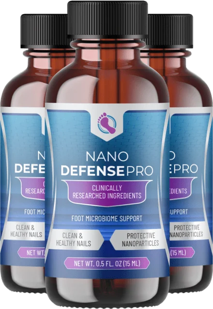 Three amber NanoDefense Pro bottles, the 90-day supply kit