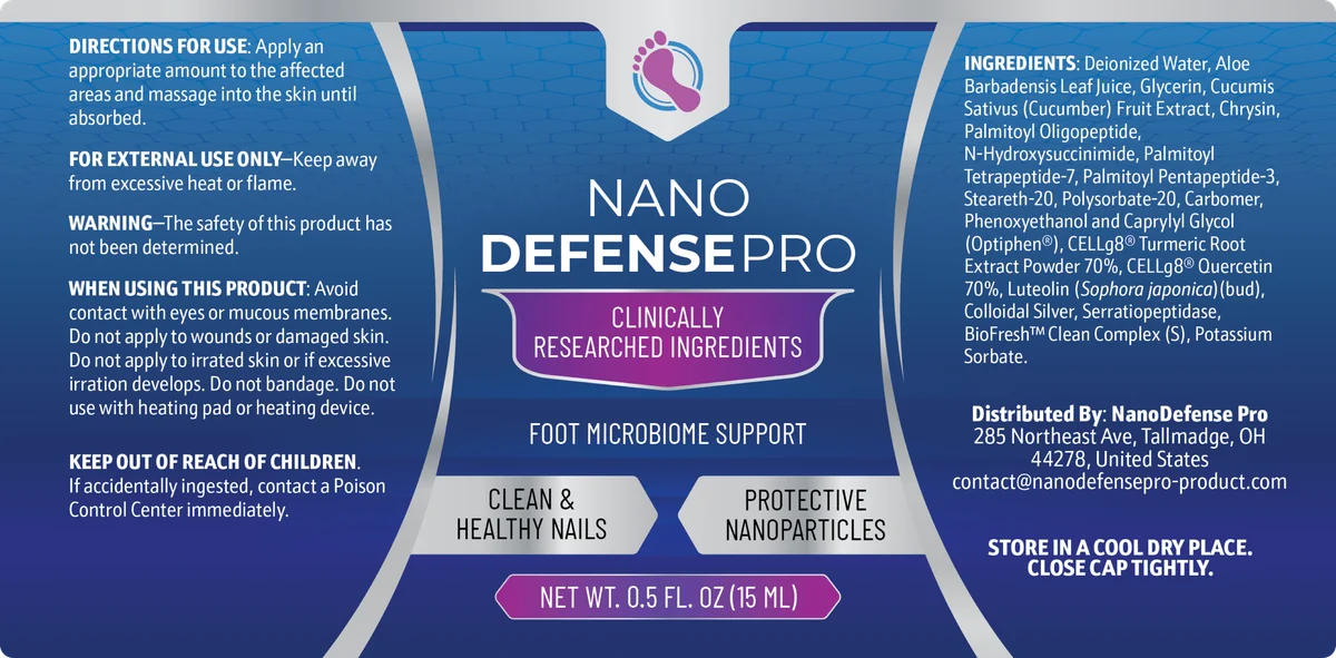 NanoDefense Pro label with directions for use, external-use warnings, the distributor's details and the full ingredient list