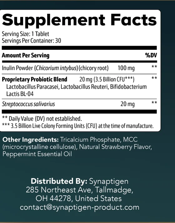 Synaptigen Supplement Facts label listing inulin and four probiotic strains