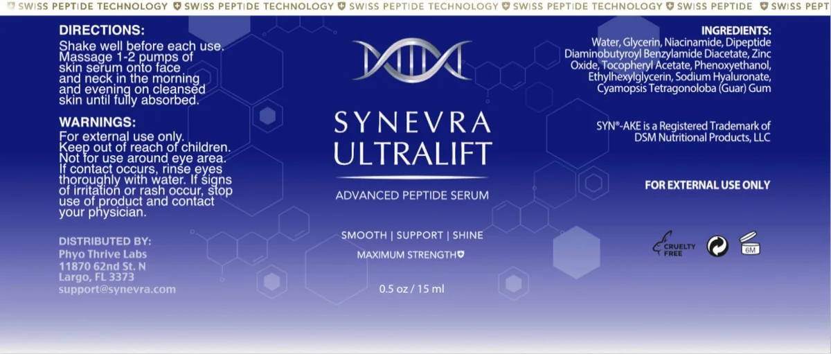 Synevra UltraLift serum label with directions, warnings, distributor details and the full ingredient list, including niacinamide and the Syn-Ake peptide