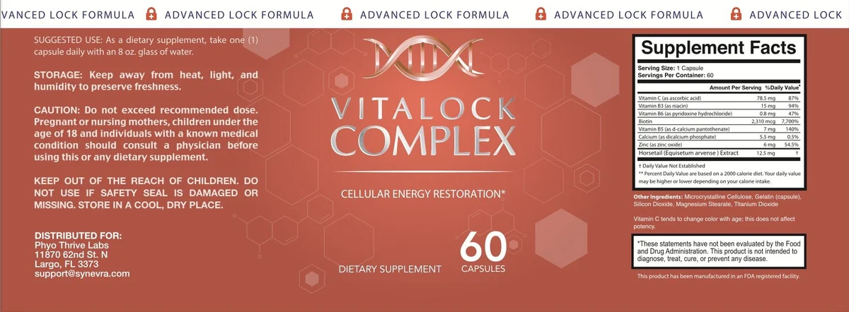 VitaLock Complex label with suggested use, cautions and the Supplement Facts panel listing vitamin C, niacin, vitamin B6, biotin, vitamin B5, calcium, zinc and horsetail extract