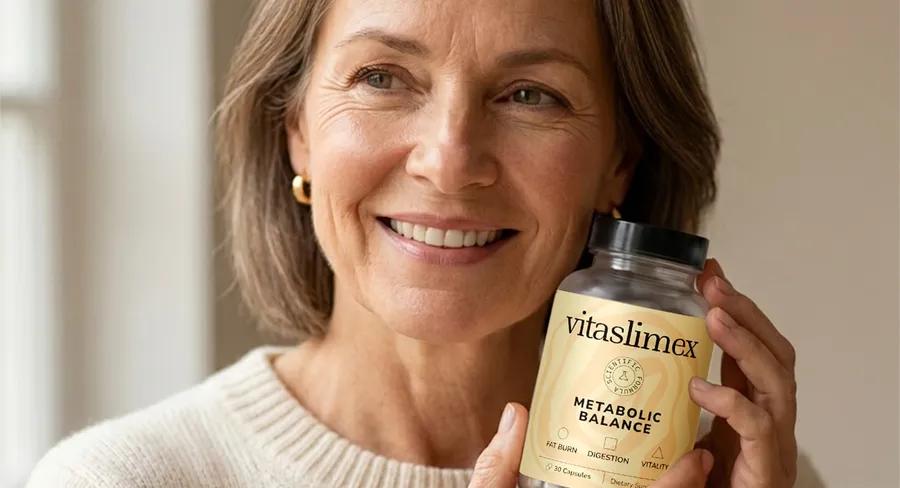 Vrouw met een fles Vitaslimex in haar hand