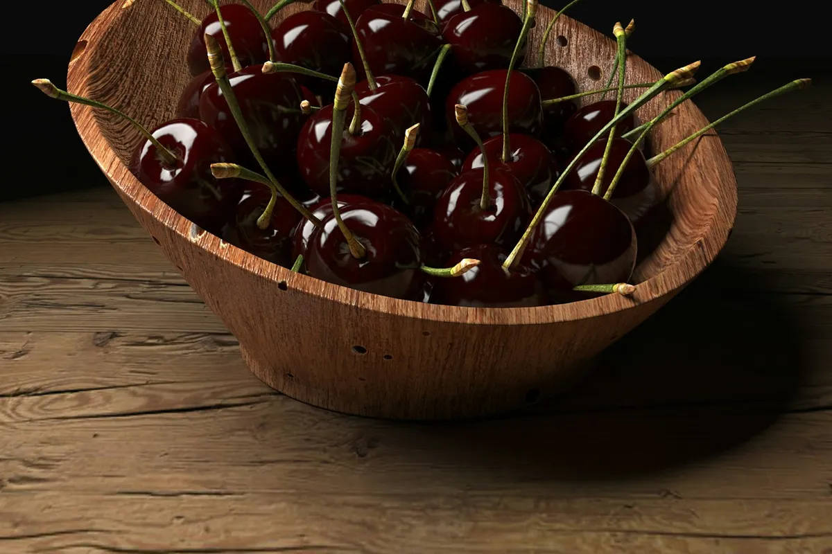 Fresh dark red cherries with stems in a wooden bowl