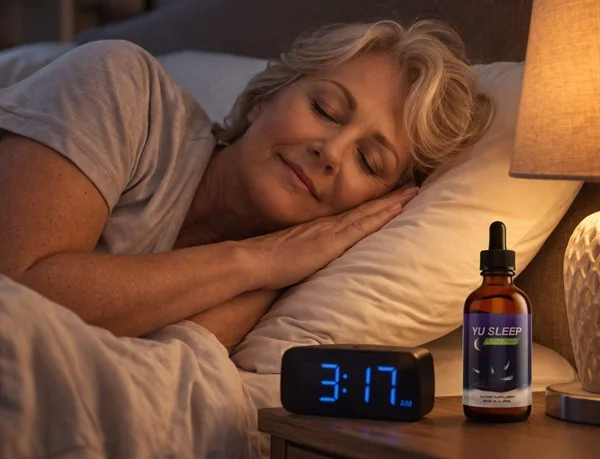 Woman sleeping in bed with a bottle of Yu Sleep and a clock on the nightstand